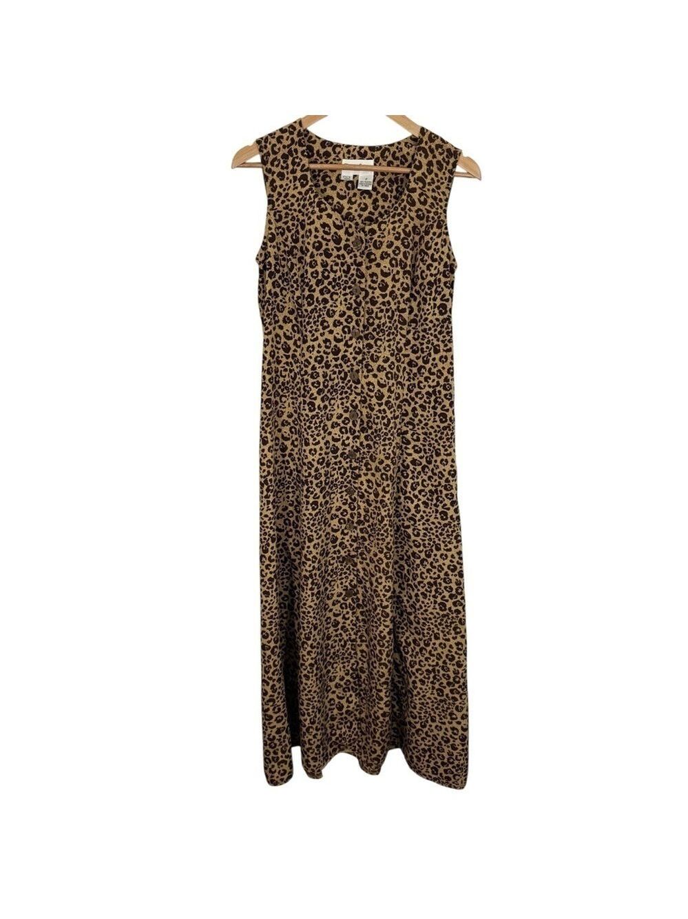 Vintage 90s Betsy Lauren Leopard Print Maxi Dress Sleeveless Button Front Sz 12